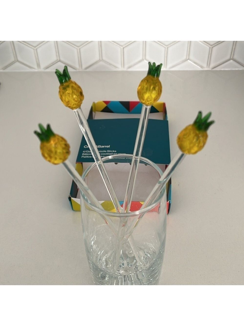 CRATE & BARREL Set of 4 Glass Pineapple Swizzle Sticks Cocktails Barware Tiki - Picture 4 of 12